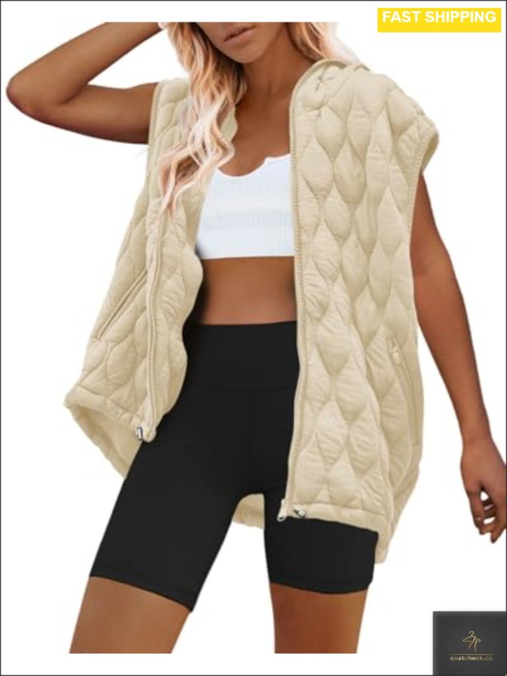 Oversized Quilted Puffer Vest Hooded Zip Up Sleeveless Pockets